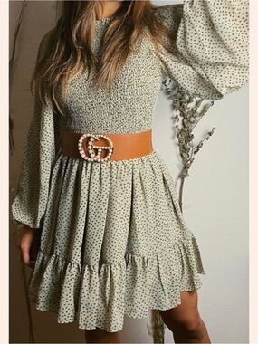 Smocked Long Sleeve Mini Dress in Sage with Dot Print